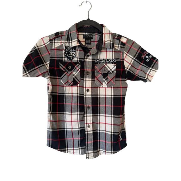 COOGI Other - Coogi Boys Plaid Button-Down Shirt Size 7 Short Sleeve Embroidered Cotton Top